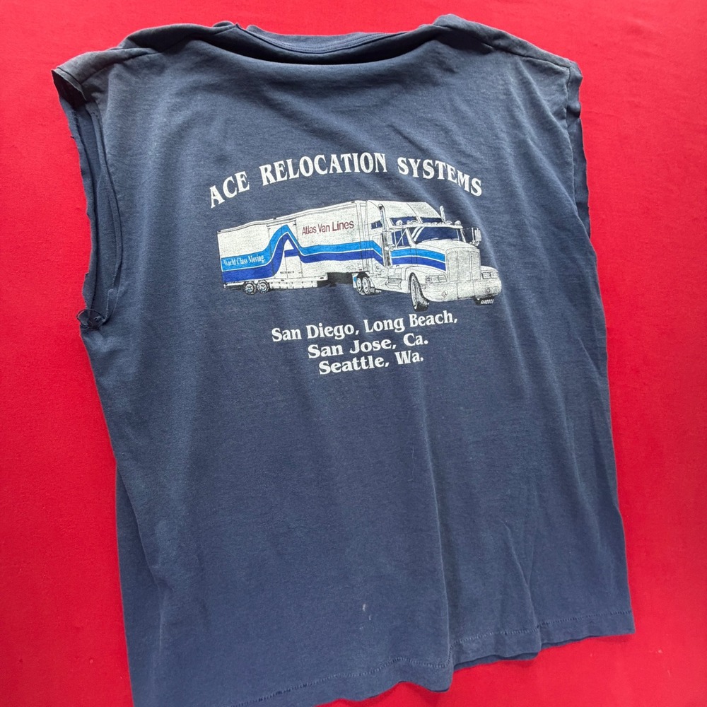 Vintage 90s Fruit of the Loom BEST Ace Relocation Trucker Muscle Tee Navy XL USA